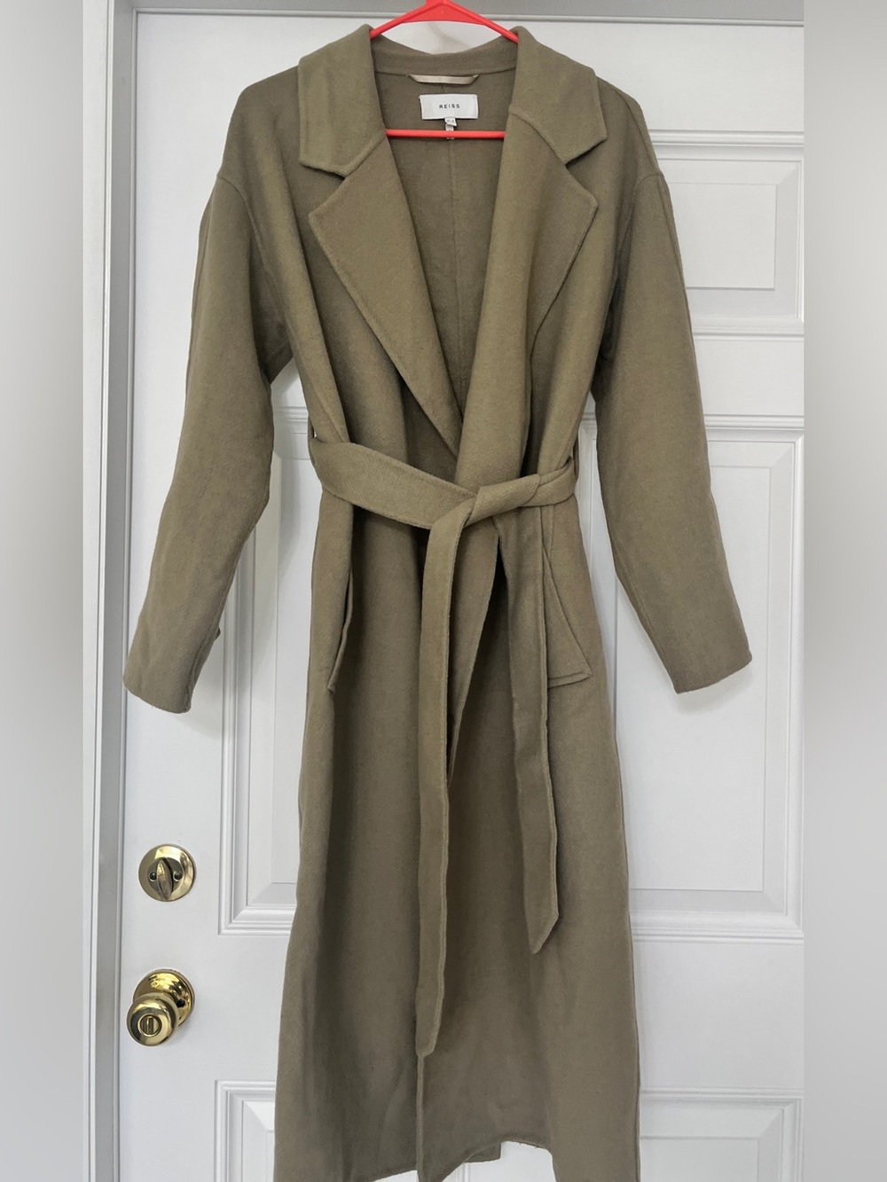 Reiss Taupe Longline belted Wool blend trench coat size 2